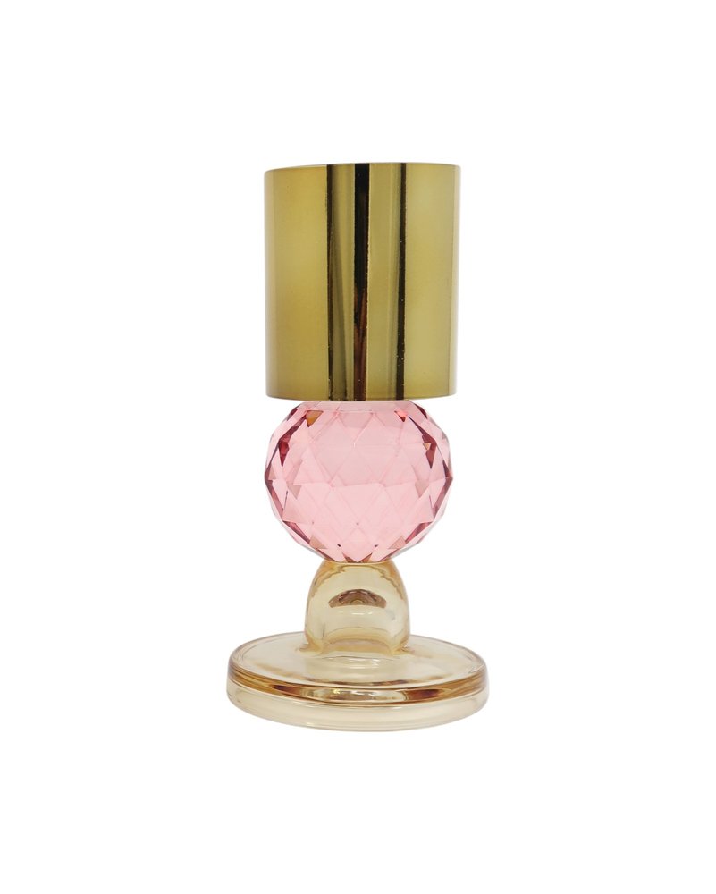 Set of Two Amber Gold And Pink Faceted Crystal Tabletop Taper Candlesticks on a white background
