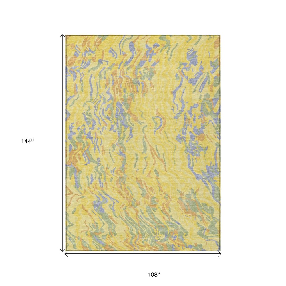 9' X 12' Yellow Purple And Green Abstract Washable Indoor Outdoor Area Rug on a white background