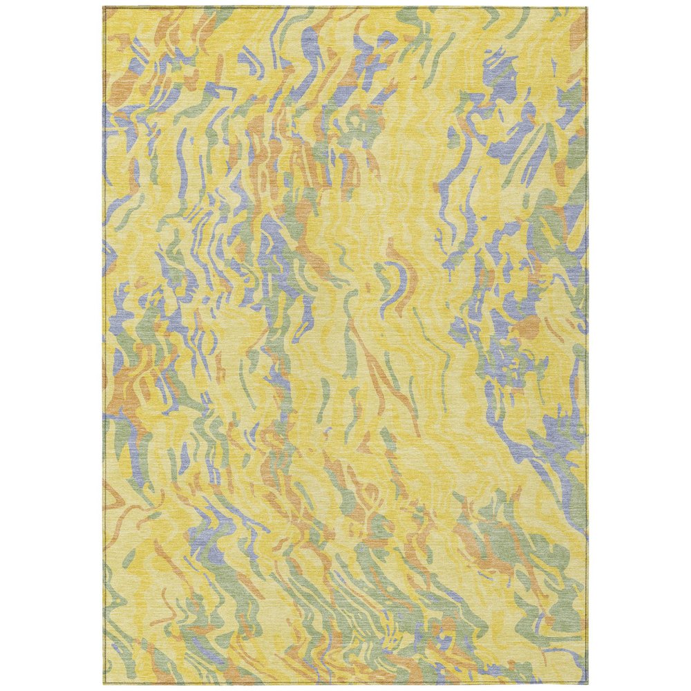 A yellow abstract washable indoor outdoor area rug with blue, green, and orange wavy patterns.
