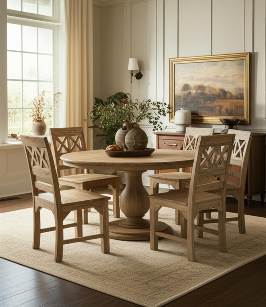 Seven Piece Natural Round Solid Wood Dining Set with Six Chairs in a home interior