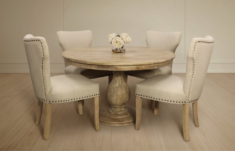 Five Piece Natural Round Solid Wood Dining Set with Four Chairs
