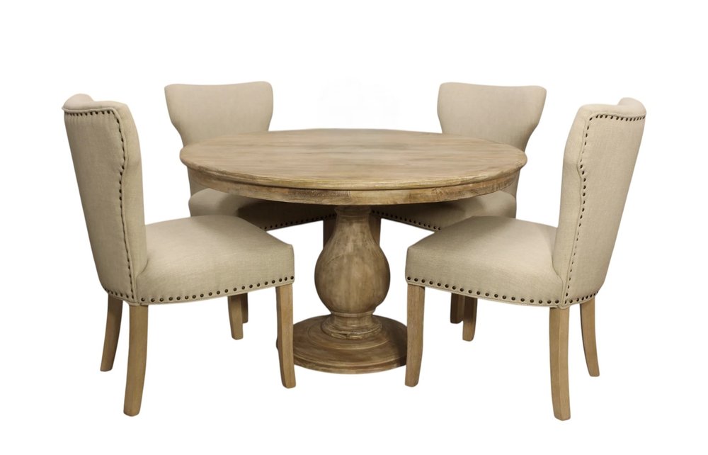 Five Piece Natural Round Solid Wood Dining Set with Four Chairs on a white background