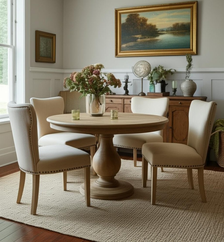 Five Piece Natural Round Solid Wood Dining Set with Four Chairs in a home interior