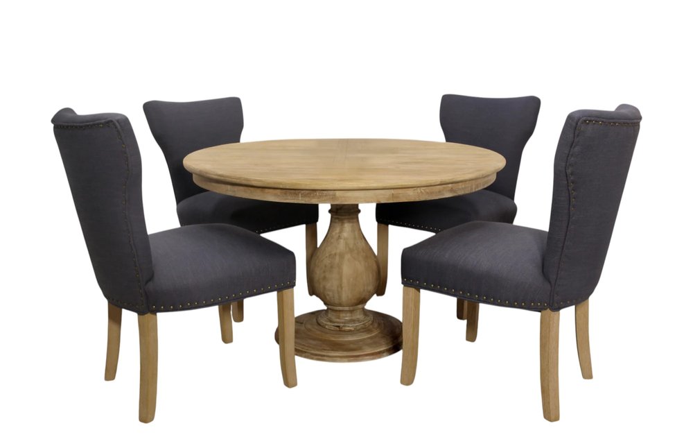 Five Piece Natural Round Solid Wood Dining Set with Four Chairs on a white background