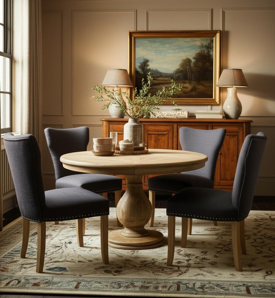 Five Piece Natural Round Solid Wood Dining Set with Four Chairs in a home interior