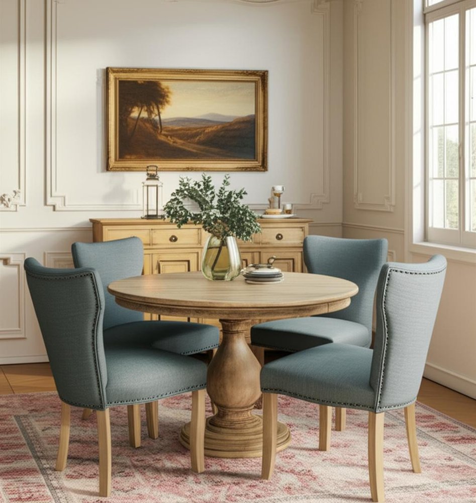 Five Piece Natural Round Solid Wood Dining Set with Four Chairs in a home interior