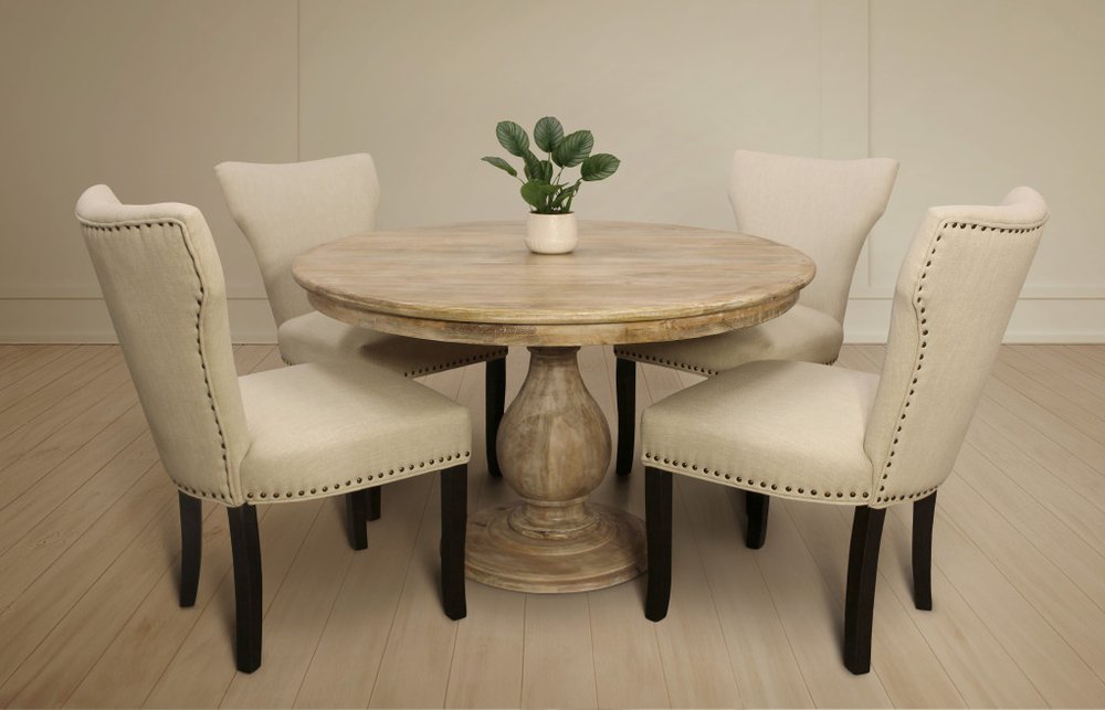 Five Piece Natural Round Solid Wood Dining Set with Four Chairs
