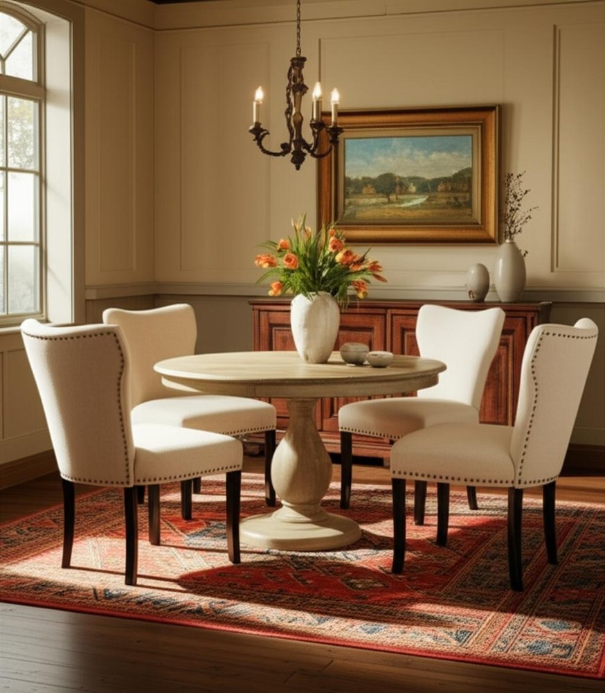 Five Piece Natural Round Solid Wood Dining Set with Four Chairs in a home interior