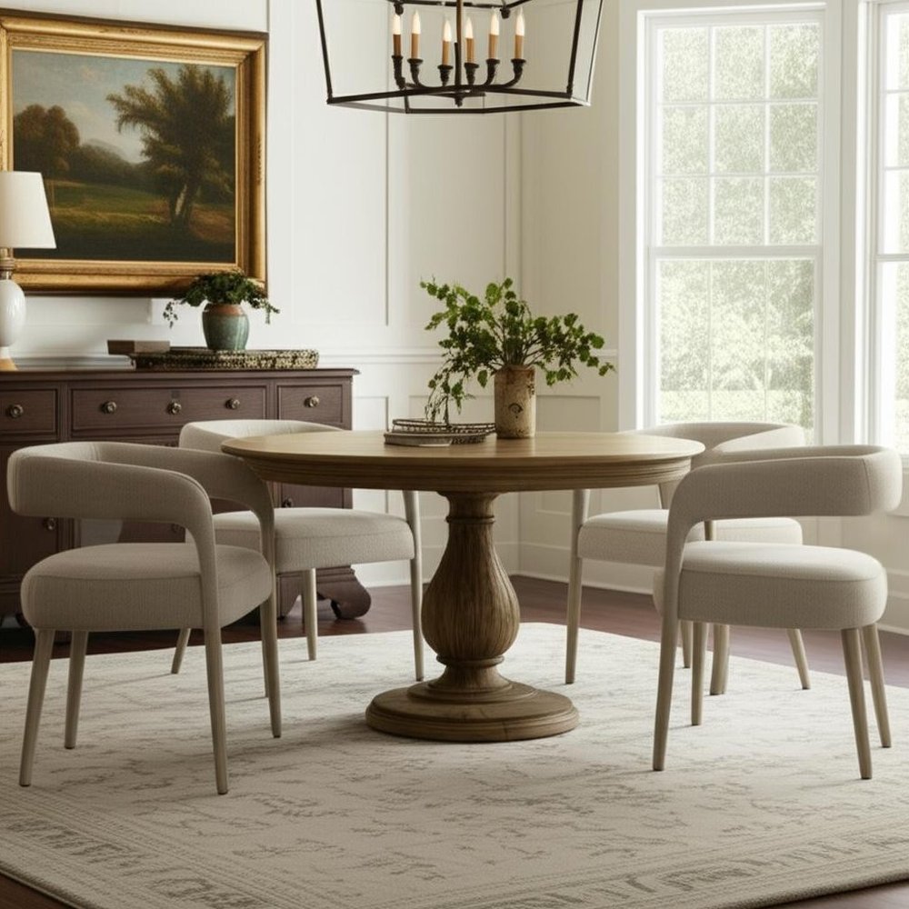 Five Piece Dark Brown Round Solid Wood Dining Set with Four Chairs in a home interior