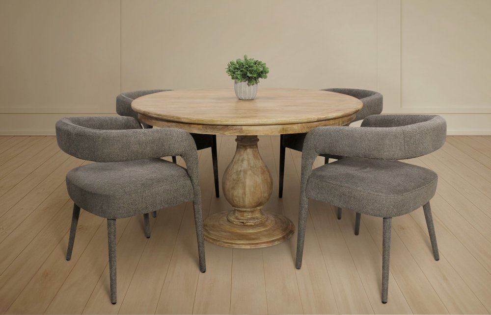 Five Piece Dark Brown Round Solid Wood Dining Set with Four Chairs