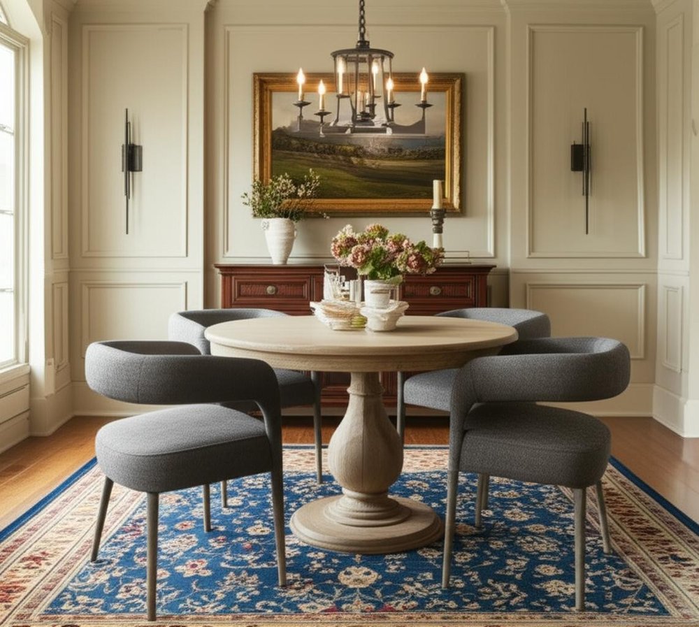 Five Piece Dark Brown Round Solid Wood Dining Set with Four Chairs in a home interior