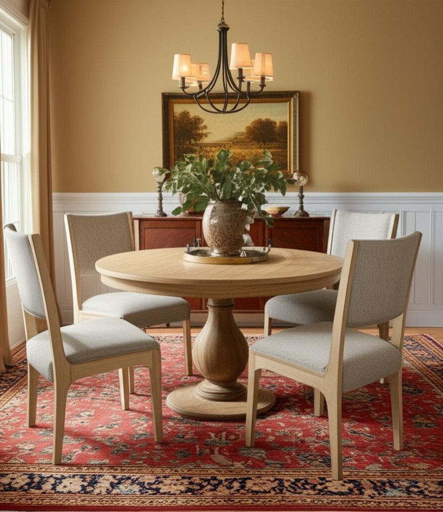 Five Piece Natural Round Solid Wood Dining Set with Four Chairs