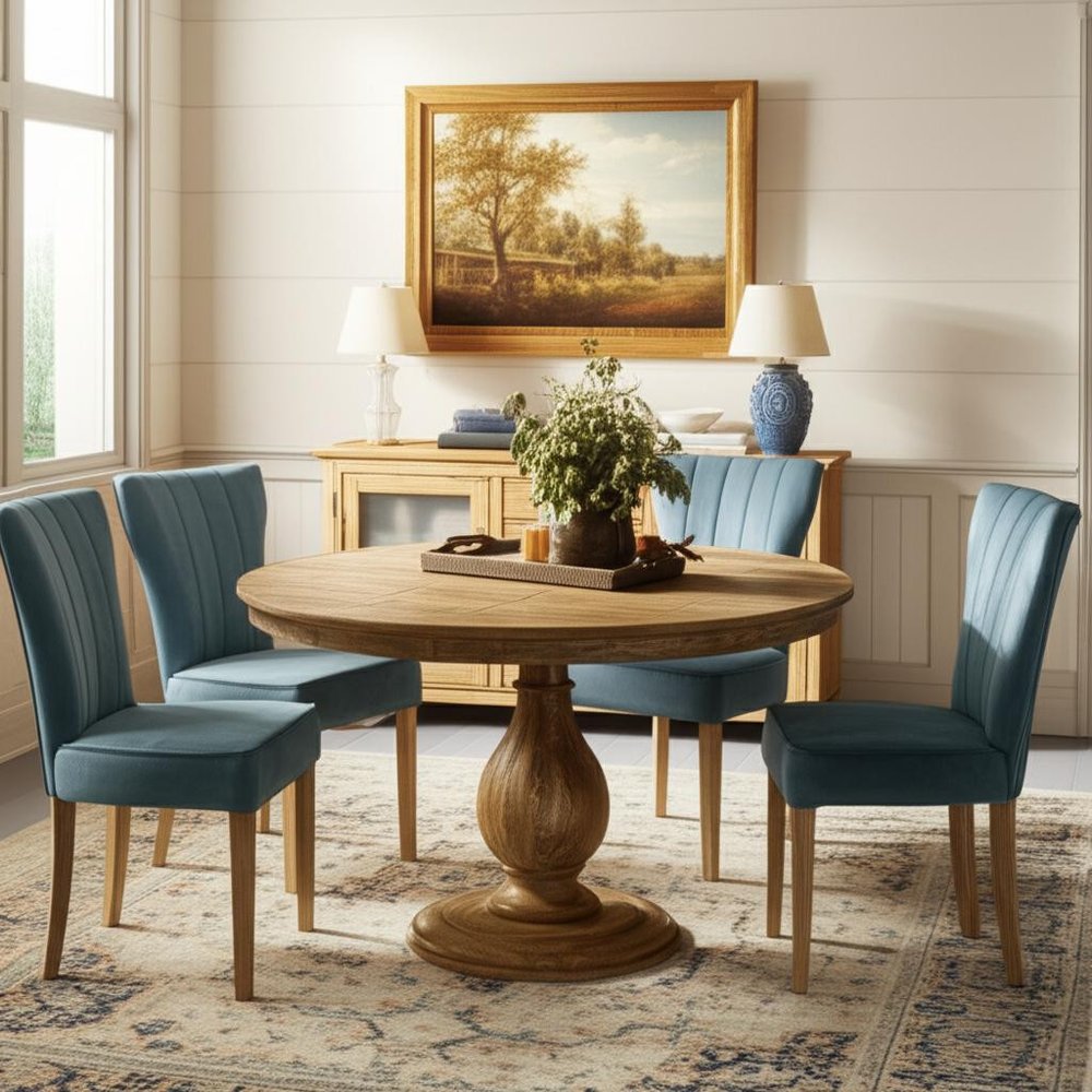 Five Piece Natural Round Solid Wood Dining Set with Four Chairs in a home interior
