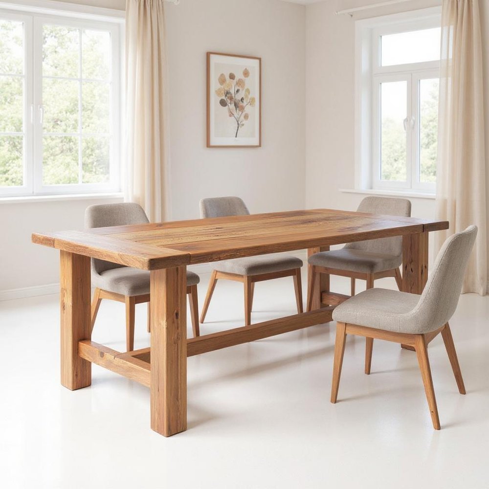 95" Natural Reclaimed Wood Trestle Base Dining Table on a white background