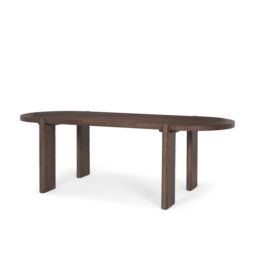 A dark brown solid wood oval dining table with four rectangular legs against a white background.
