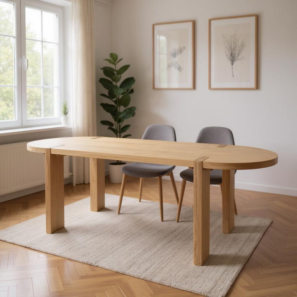 91" Light Brown Wood Oval Dining Table in a home interior