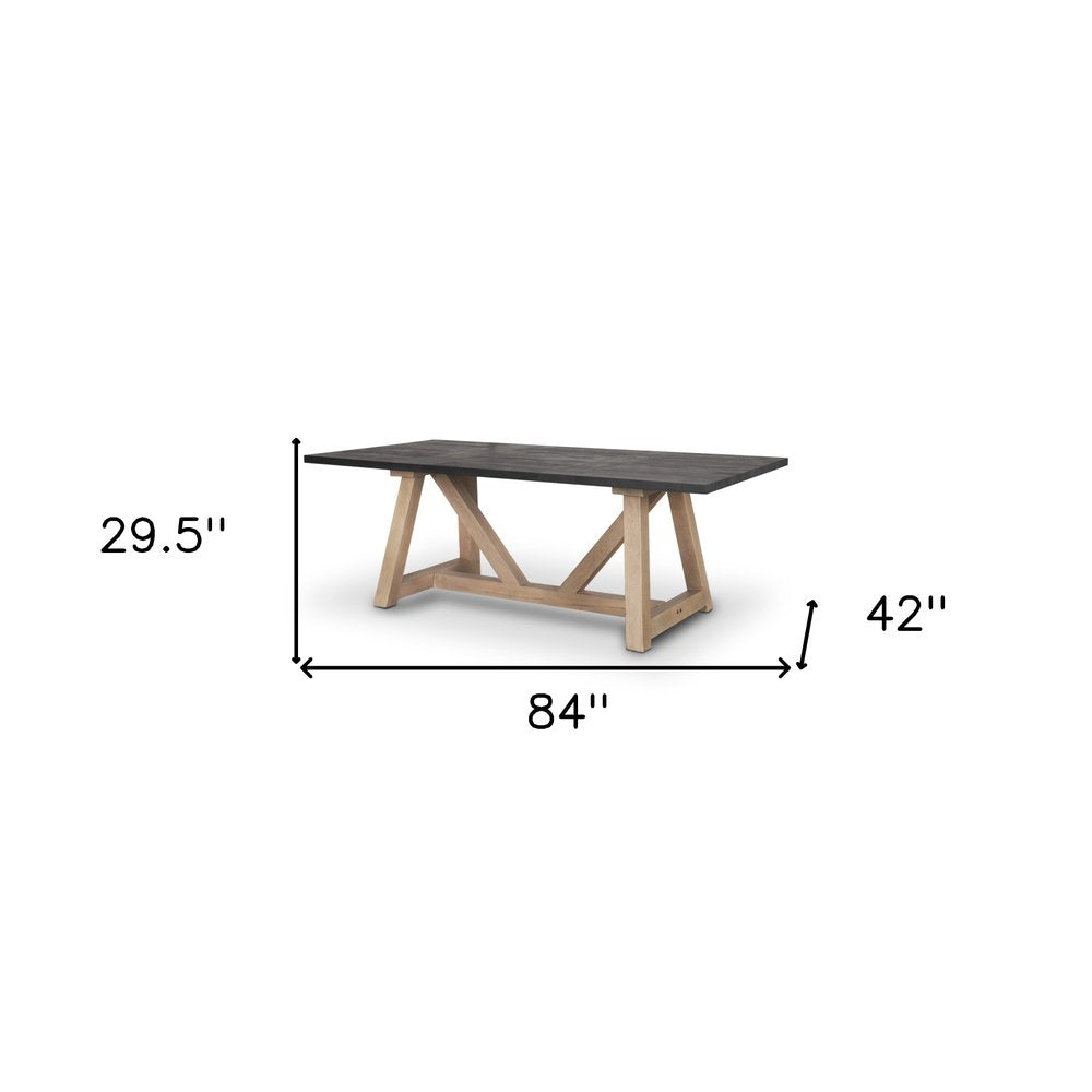 84" Black and Brown Solid Wood Trestle Base Dining Table on a white background