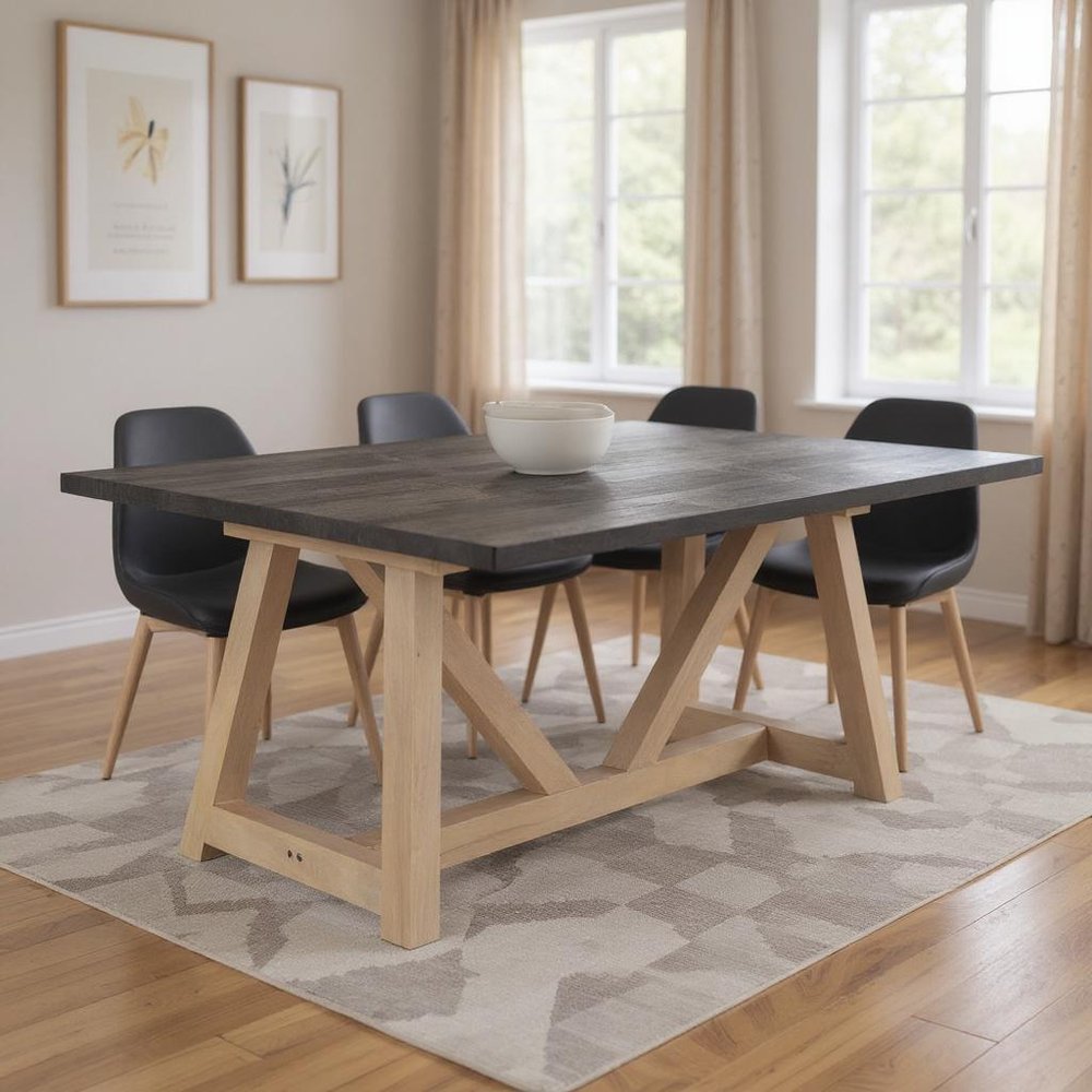 84" Black and Brown Solid Wood Trestle Base Dining Table in a home interior