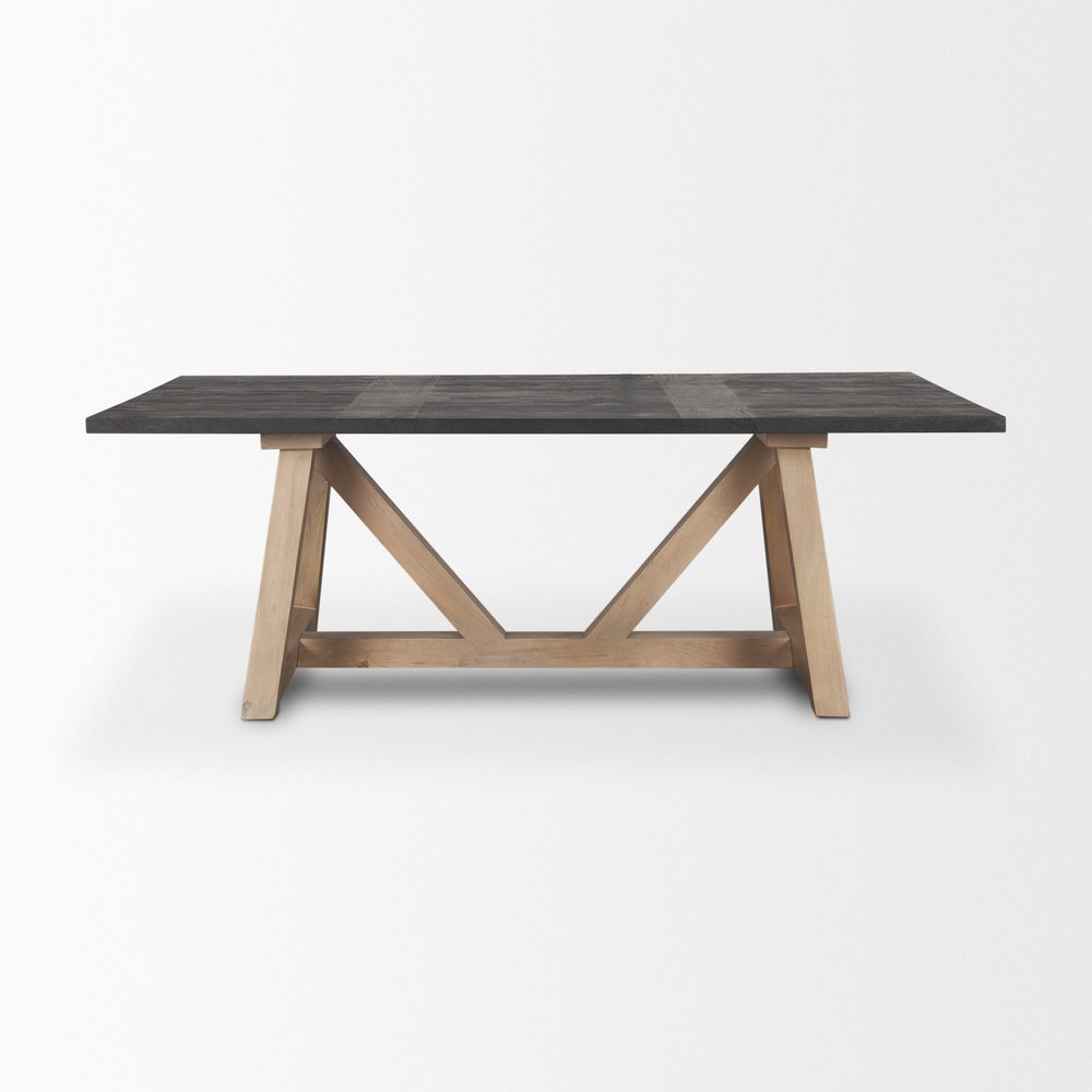 84" Black and Brown Solid Wood Trestle Base Dining Table on a white background