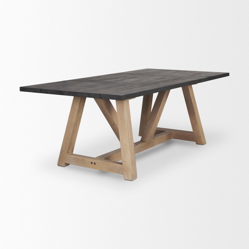 84" Black and Brown Solid Wood Trestle Base Dining Table on a white background