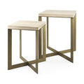 Set of Two Natural and Gold Solid Wood and Metal Square Cross Legs Nested Tables on a white background