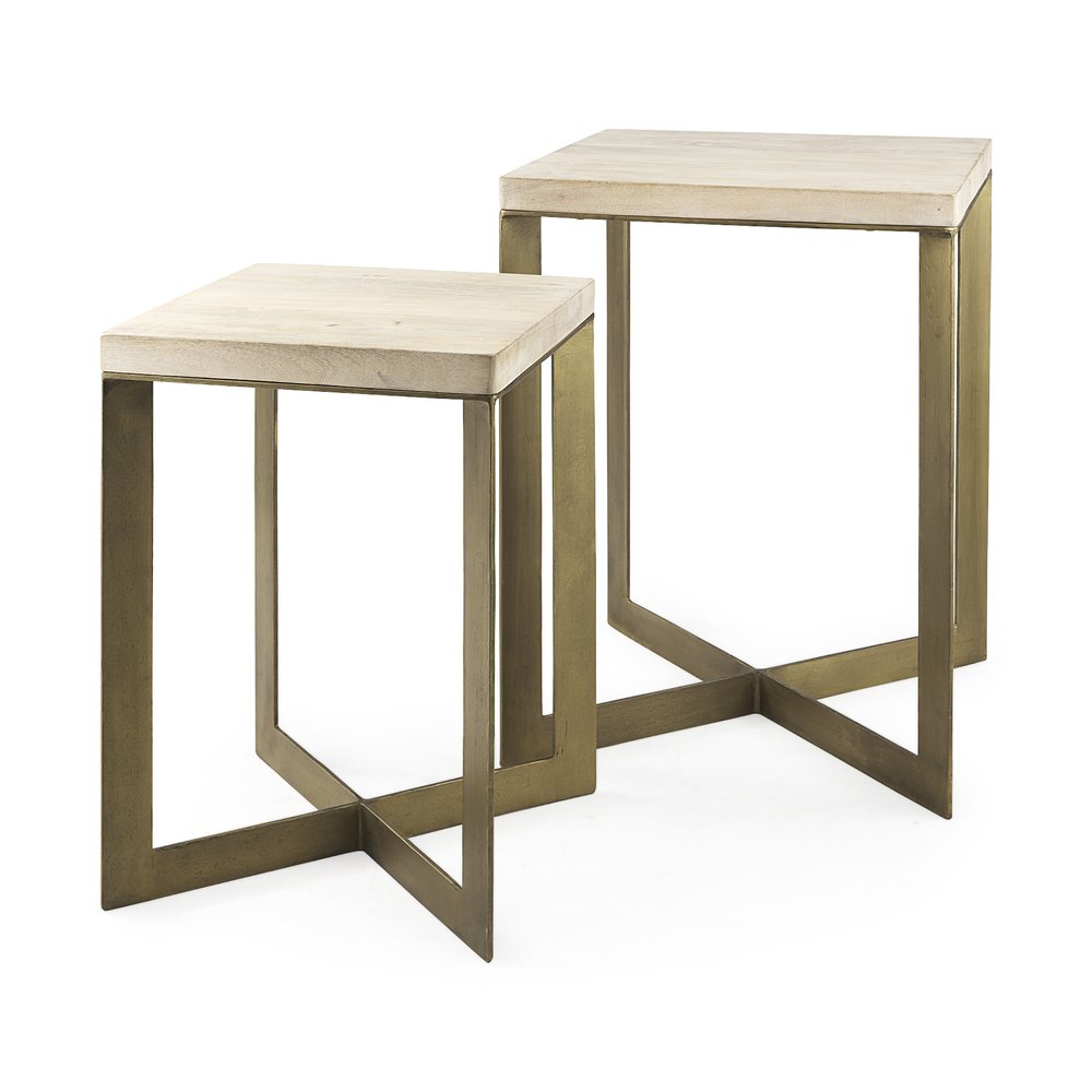Set of Two Natural and Gold Solid Wood and Metal Square Cross Legs Nested Tables on a white background