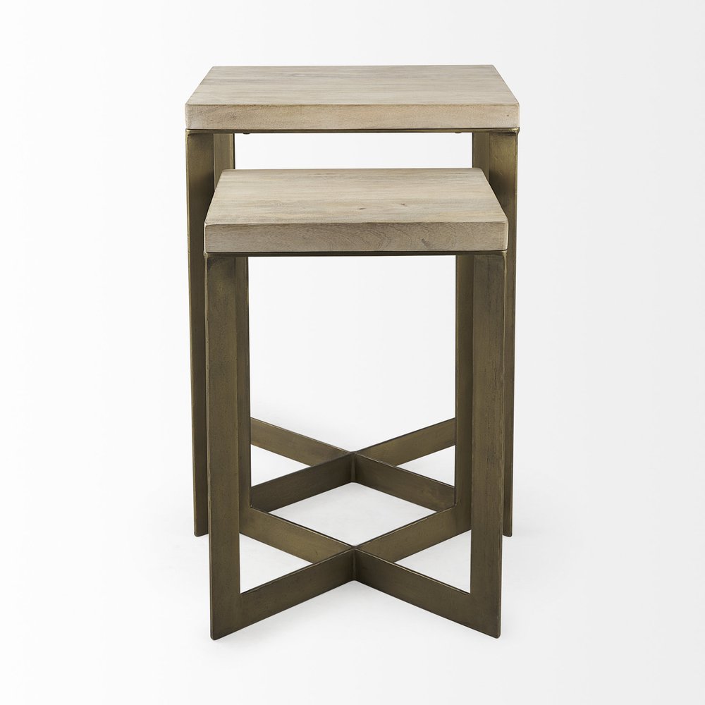 Set of Two Natural and Gold Solid Wood and Metal Square Cross Legs Nested Tables on a white background