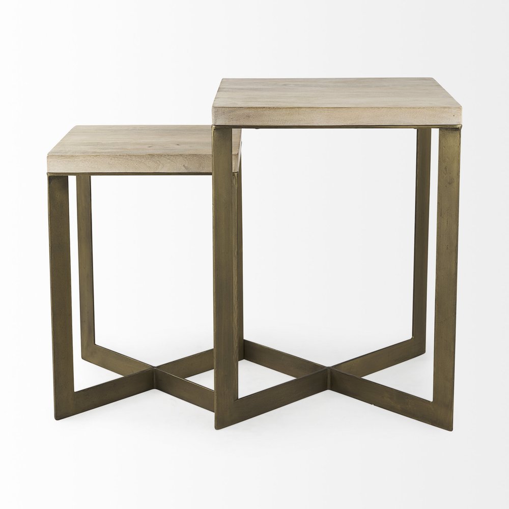 Set of Two Natural and Gold Solid Wood and Metal Square Cross Legs Nested Tables on a white background