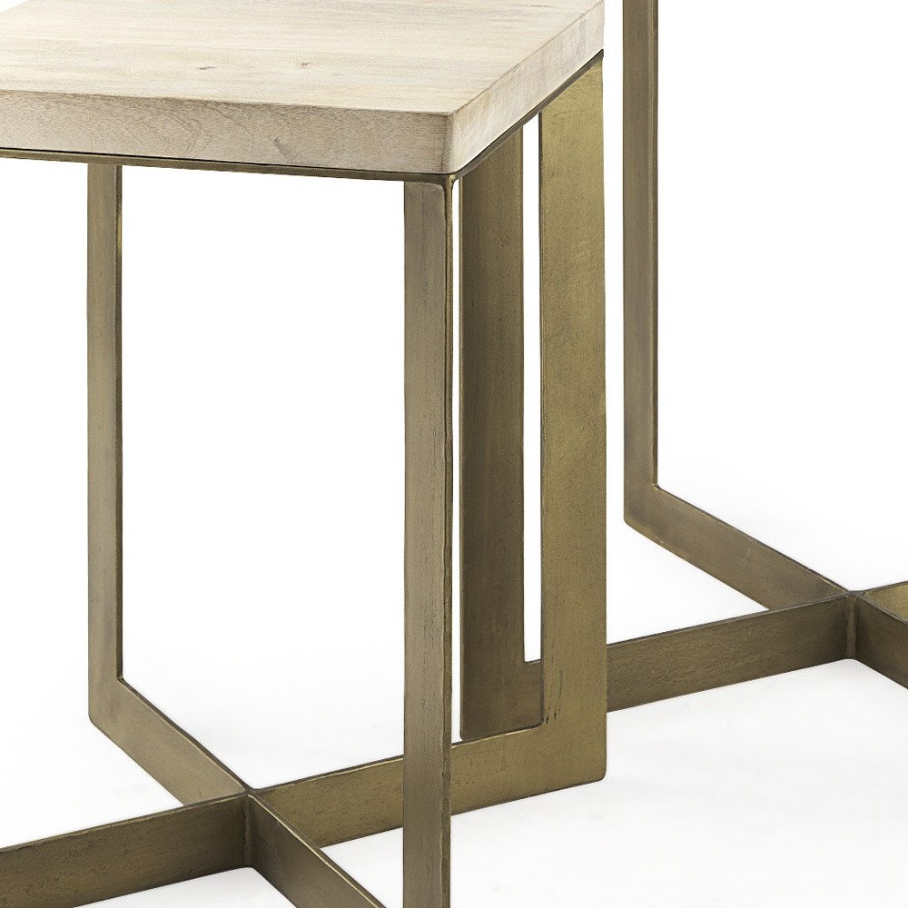 Set of Two Natural and Gold Solid Wood and Metal Square Cross Legs Nested Tables on a white background