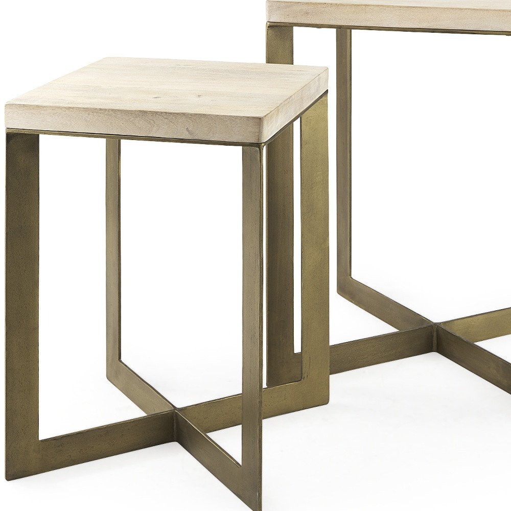 Set of Two Natural and Gold Solid Wood and Metal Square Cross Legs Nested Tables on a white background