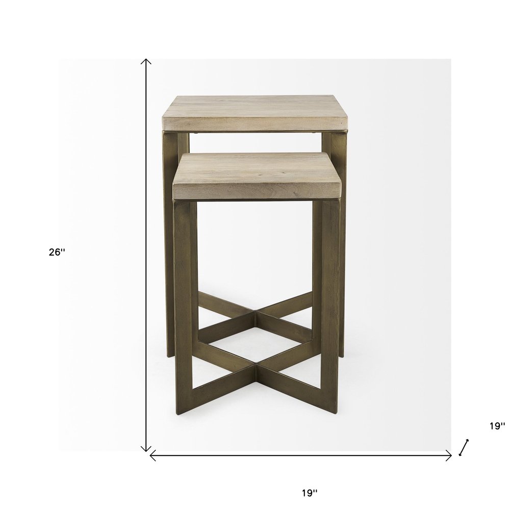 Set of Two Natural and Gold Solid Wood and Metal Square Cross Legs Nested Tables on a white background
