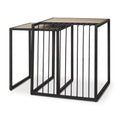 Set of Two Natural and Black Solid Wood and Metal Square Sled Nested Tables on a white background