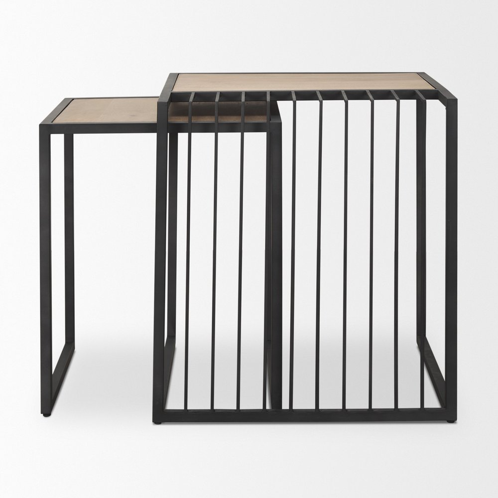 Set of Two Natural and Black Solid Wood and Metal Square Sled Nested Tables on a white background