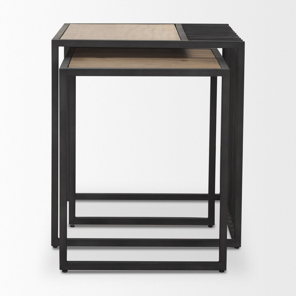 Set of Two Natural and Black Solid Wood and Metal Square Sled Nested Tables on a white background