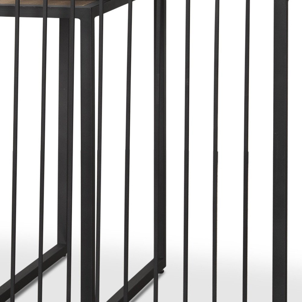 Set of Two Natural and Black Solid Wood and Metal Square Sled Nested Tables on a white background