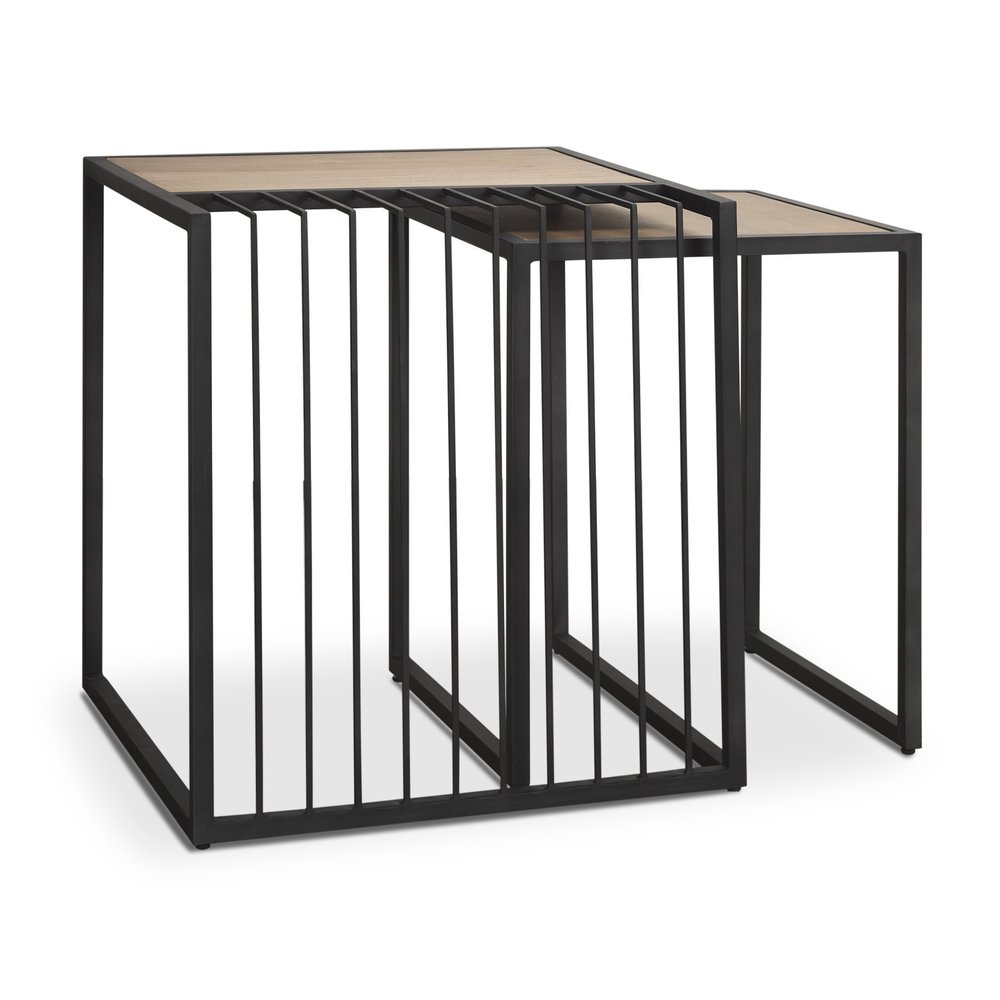 Set of Two Natural and Black Solid Wood and Metal Square Sled Nested Tables on a white background