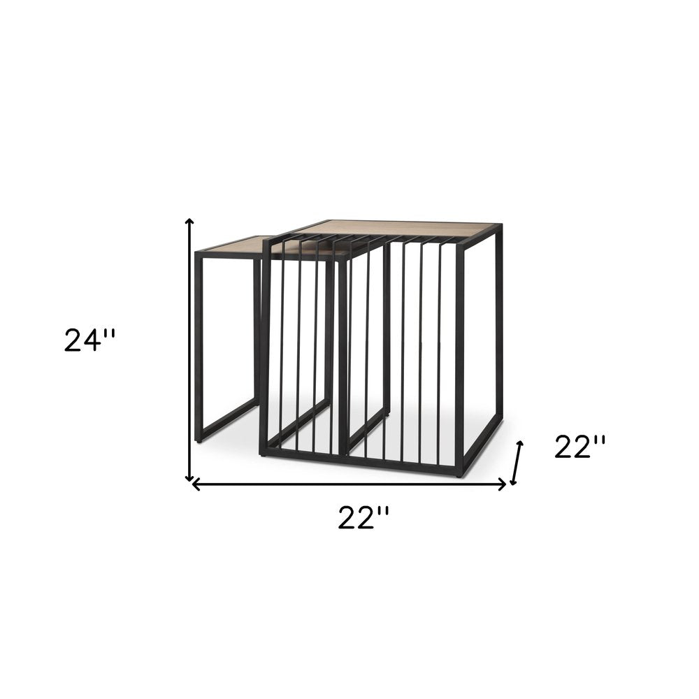 Set of Two Natural and Black Solid Wood and Metal Square Sled Nested Tables on a white background