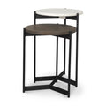 Set of Two Dark Brown and Black Marble Solid Wood and Metal Round Nested Tables on a white background