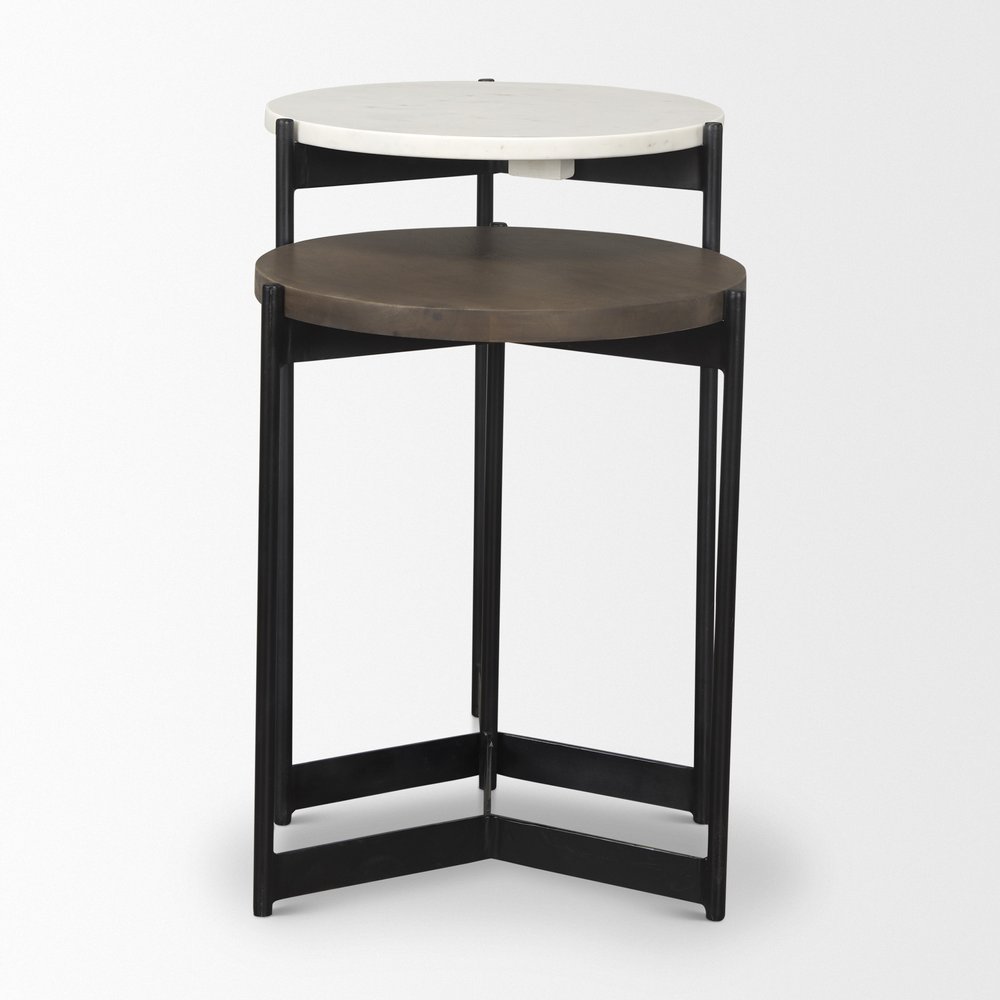 Set of Two Dark Brown and Black Marble Solid Wood and Metal Round Nested Tables on a white background