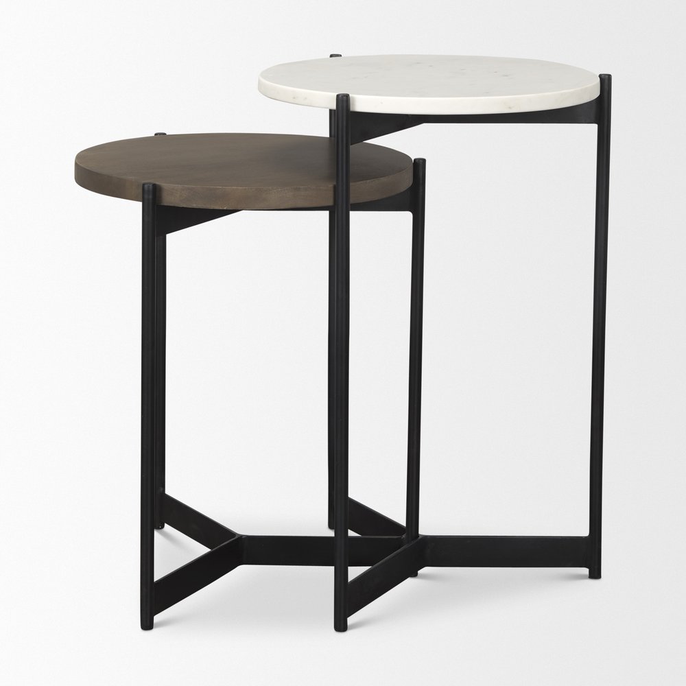 Set of Two Dark Brown and Black Marble Solid Wood and Metal Round Nested Tables on a white background