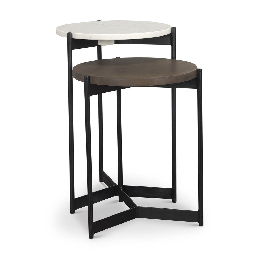 Set of Two Dark Brown and Black Marble Solid Wood and Metal Round Nested Tables on a white background