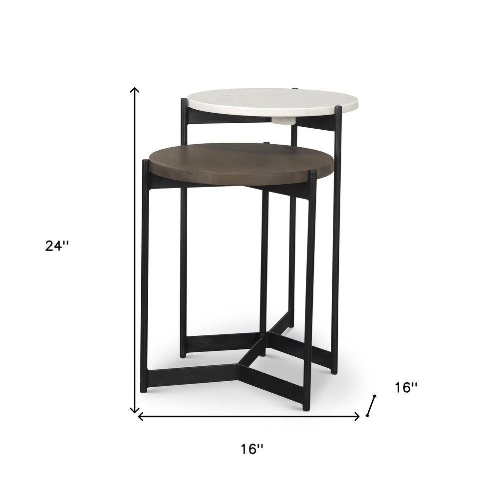 Set of Two Dark Brown and Black Marble Solid Wood and Metal Round Nested Tables on a white background