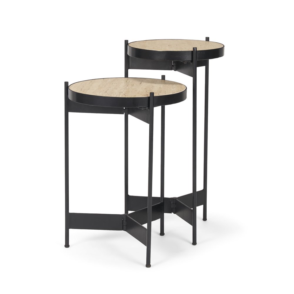 Set of two nested tables with round brown marble tops and black metal frames on a white background.