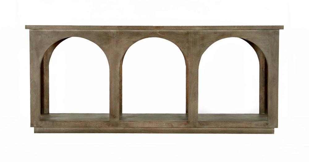 77" Brown Solid Wood Distressed Console Table With Arch Detailing on a white background