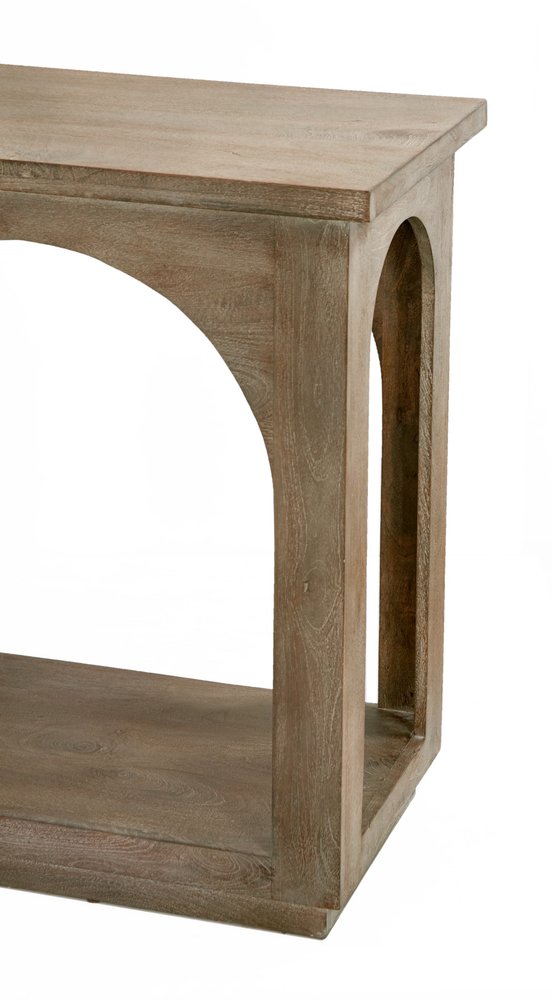 77" Brown Solid Wood Distressed Console Table With Arch Detailing on a white background