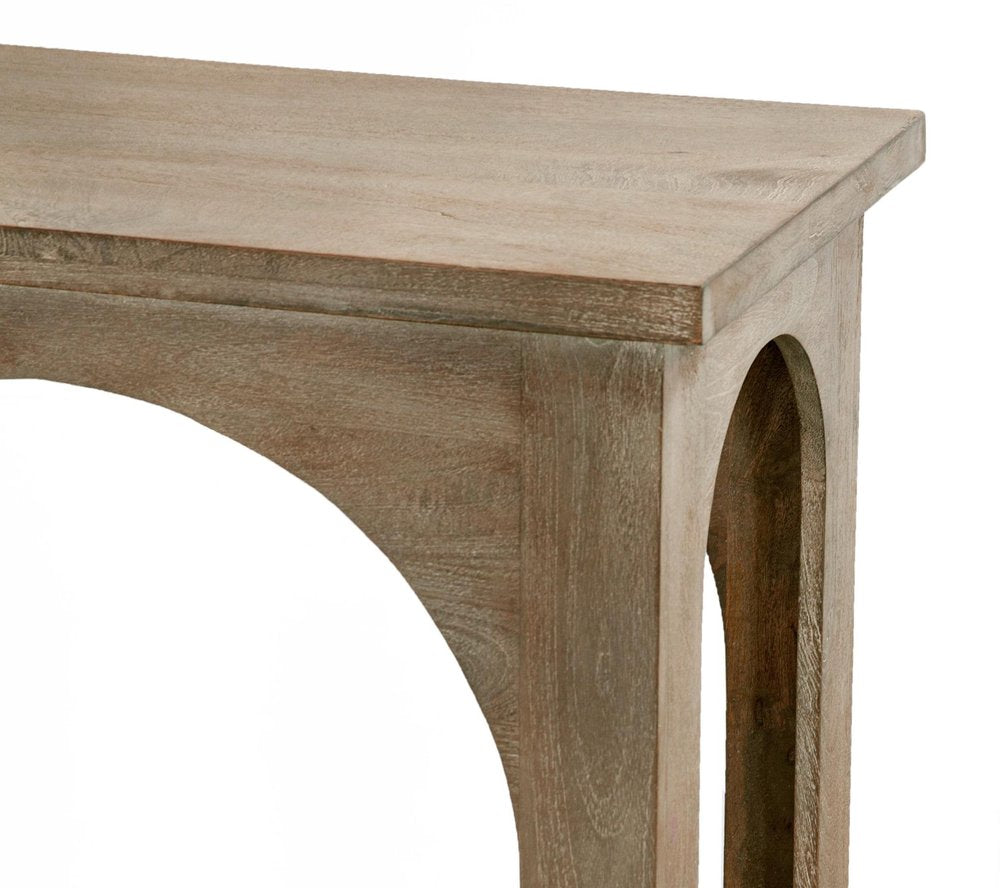 77" Brown Solid Wood Distressed Console Table With Arch Detailing on a white background