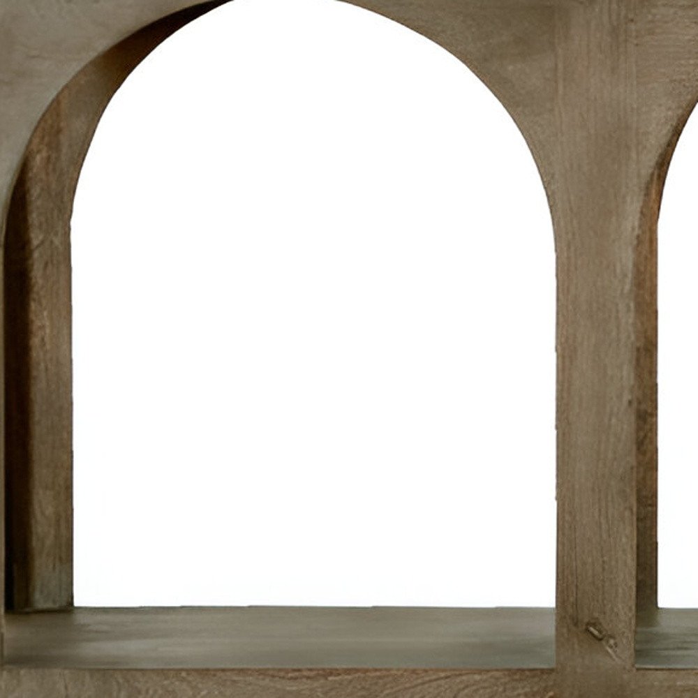 77" Brown Solid Wood Distressed Console Table With Arch Detailing on a white background