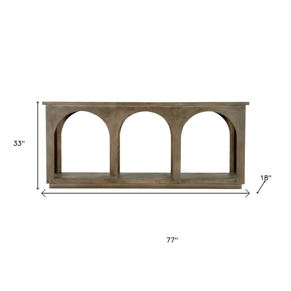 77" Brown Solid Wood Distressed Console Table With Arch Detailing on a white background