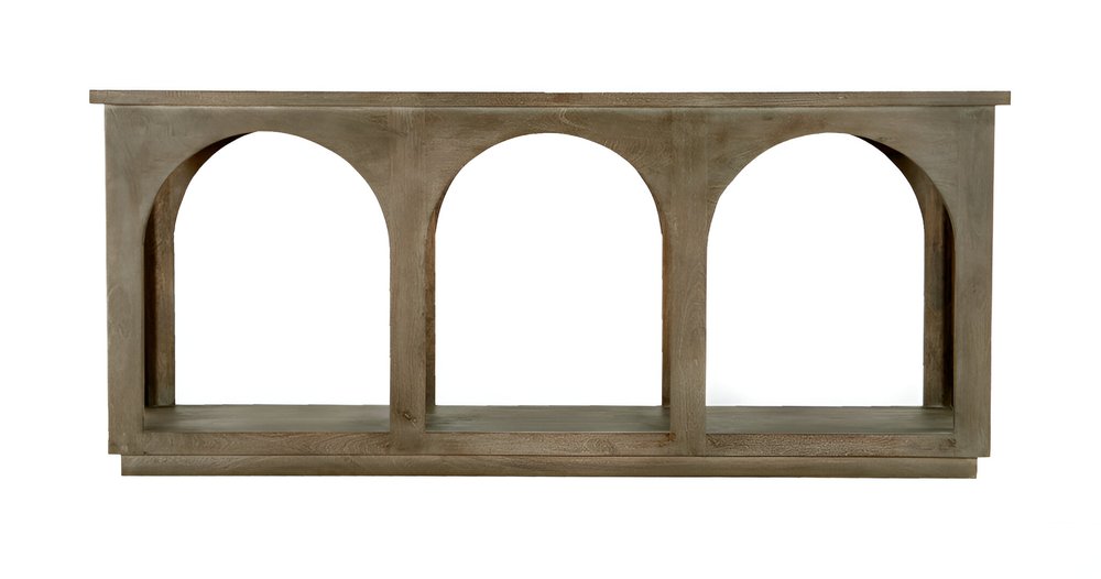 77" Brown Solid Wood Distressed Console Table With Arch Detailing on a white background