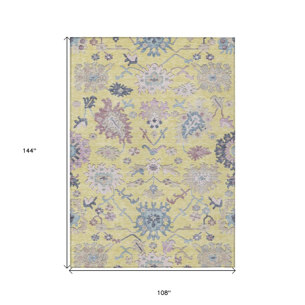 9' X 12' Yellow Lavender And Denim Blue Floral Washable Indoor Outdoor Area Rug on a white background